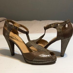 Nanette Lepore Gold Leather T Strap Heels